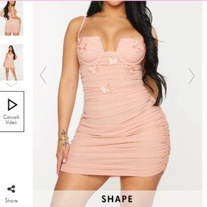 PrettyLittleThing PINK BUTTERFLY EMBROIDERED SHEER MESH BODYCON DRESS- S